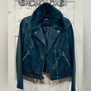 Express Dark Teal Leather Jacket with Removable Faux Fur Collar